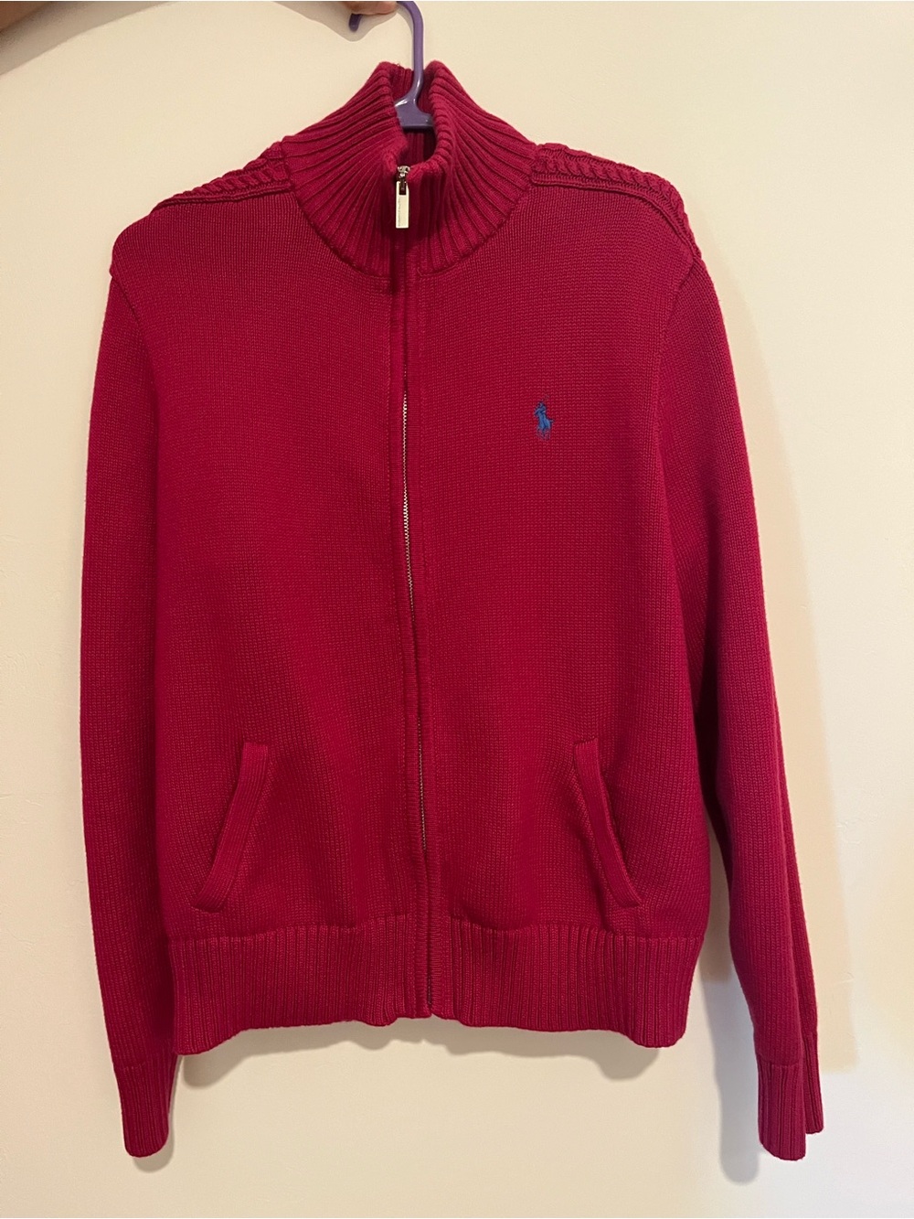 Ralph Lauren Women's Red Zip-Up Knit Cardigan with Blue Pony